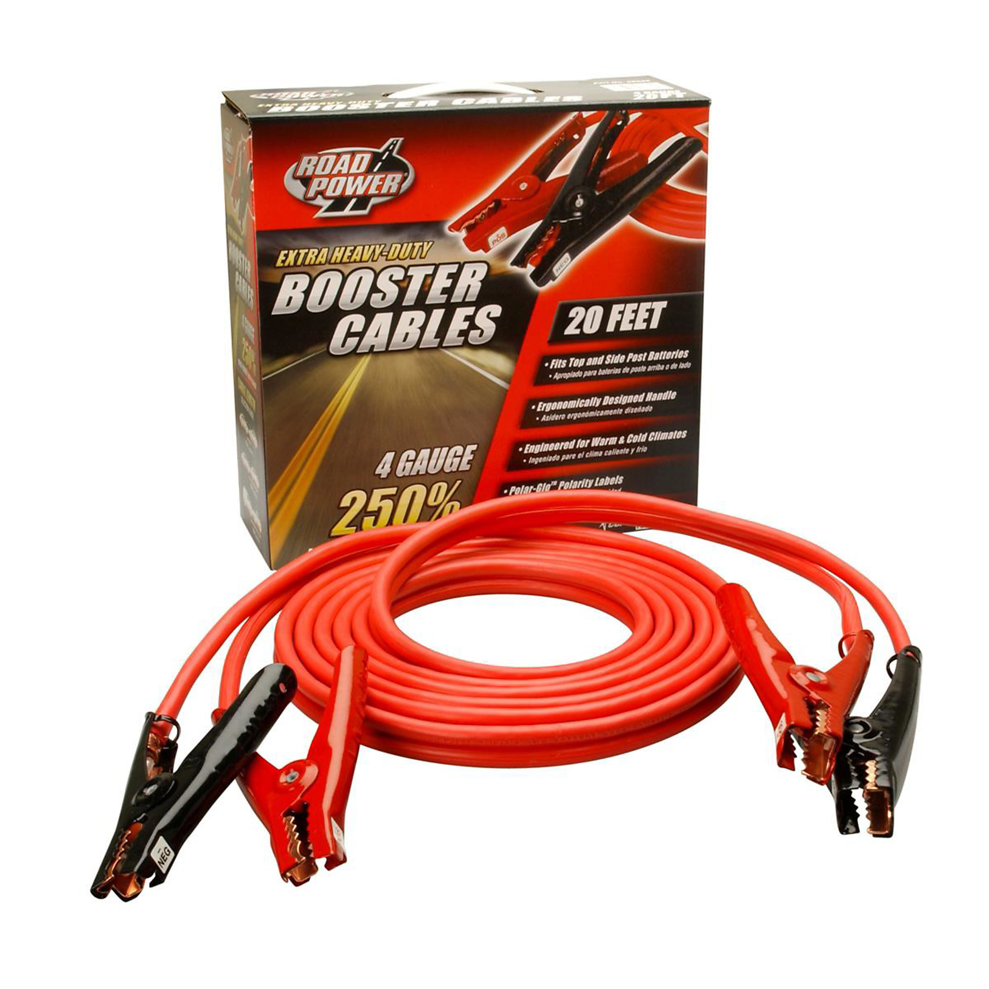 Coleman Cable Booster Cables — 20ft., 4-Ga., Twin Red, Glow-in-the-Dark Polarity Indicators, Model# ECI08660